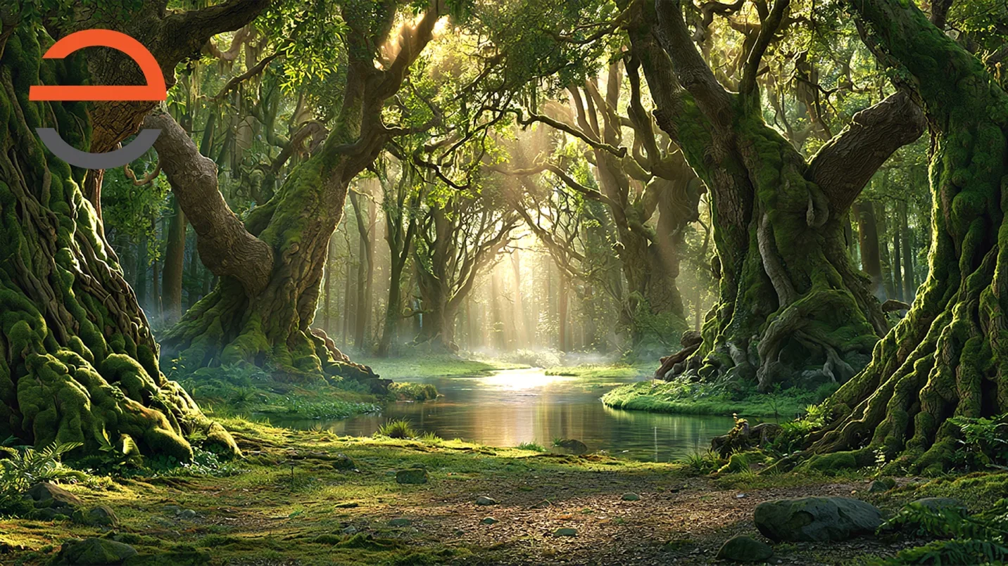 Open forest clearing with a still reflecting pool and soft sunbeams