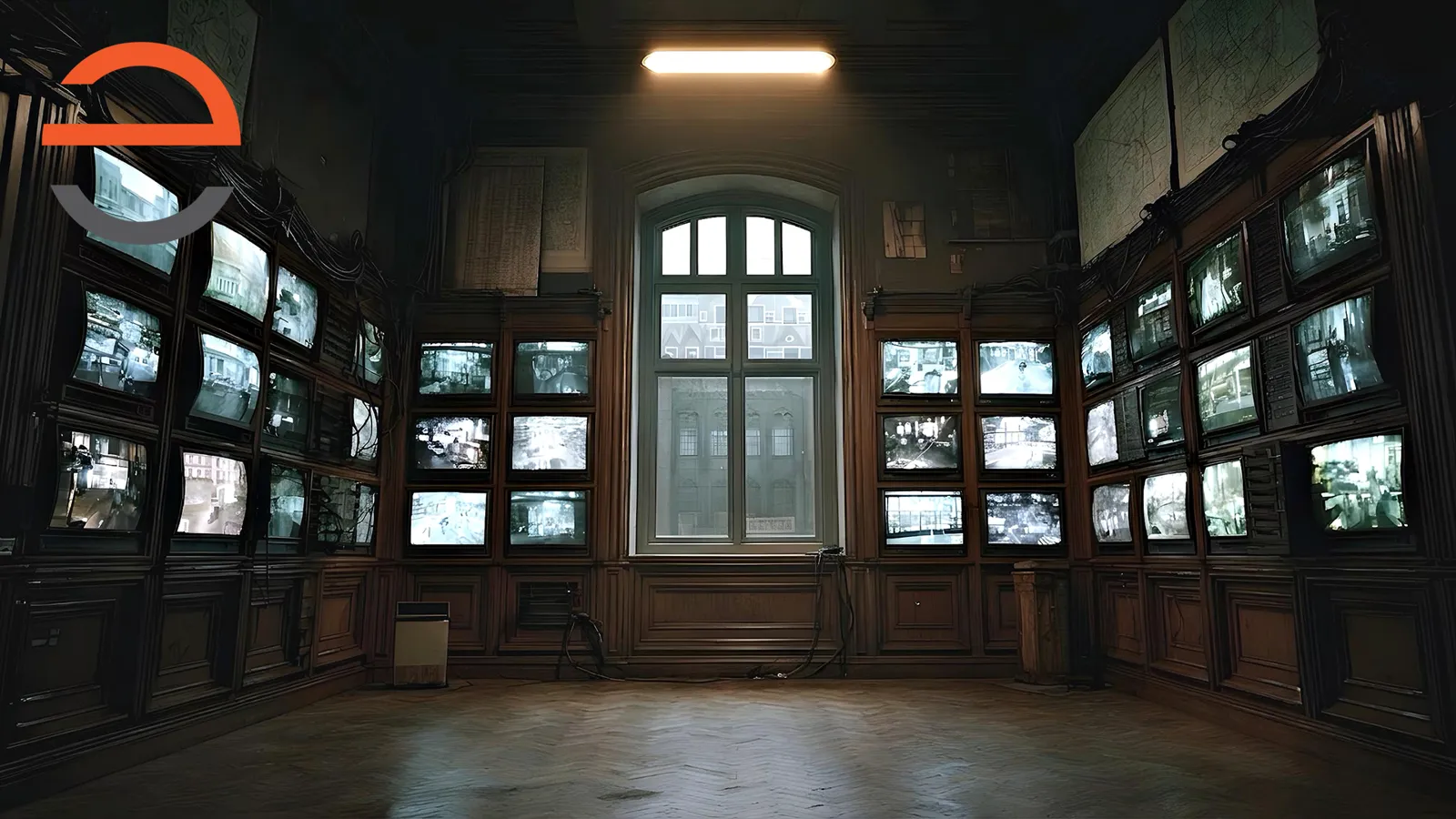 Wall of security monitors in Miss Trunchbull's office for Matilda