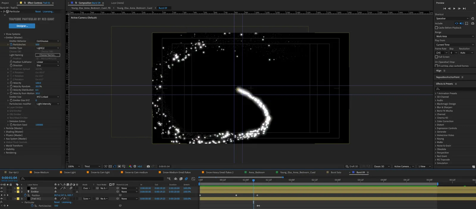 The Frozen ice magic particle animation being built in Adobe After Effects