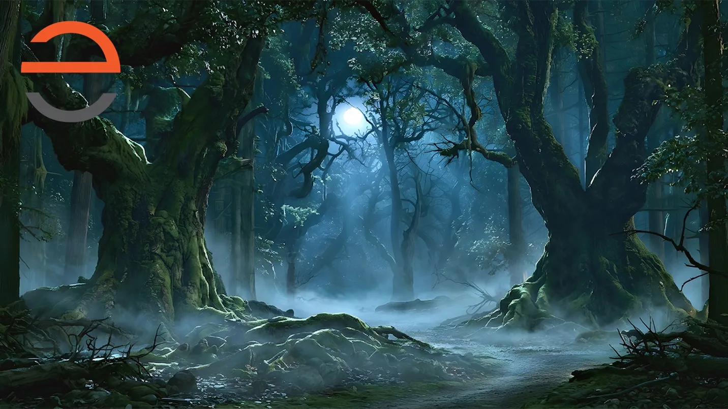Moonlit misty forest at midnight