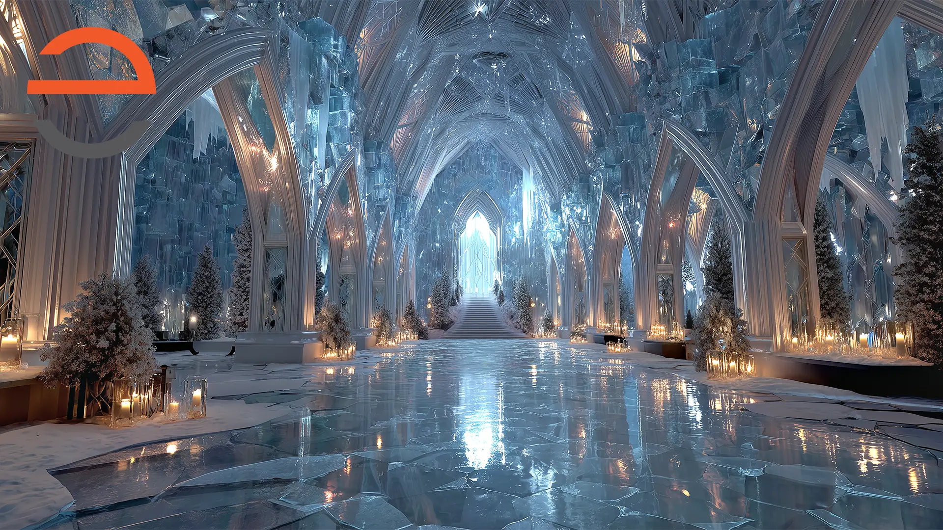 Elsa's Ice Palace interior — a grand crystalline hall of ice columns, floating orbs of light and candlelit evergreens, the base scene before the transformation