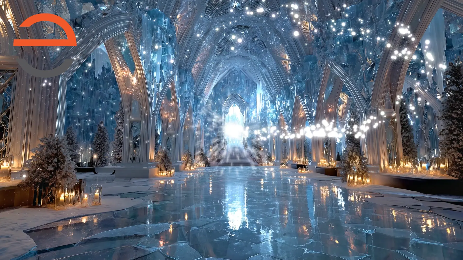 A burst of ice magic sweeping across Elsa's Ice Palace interior