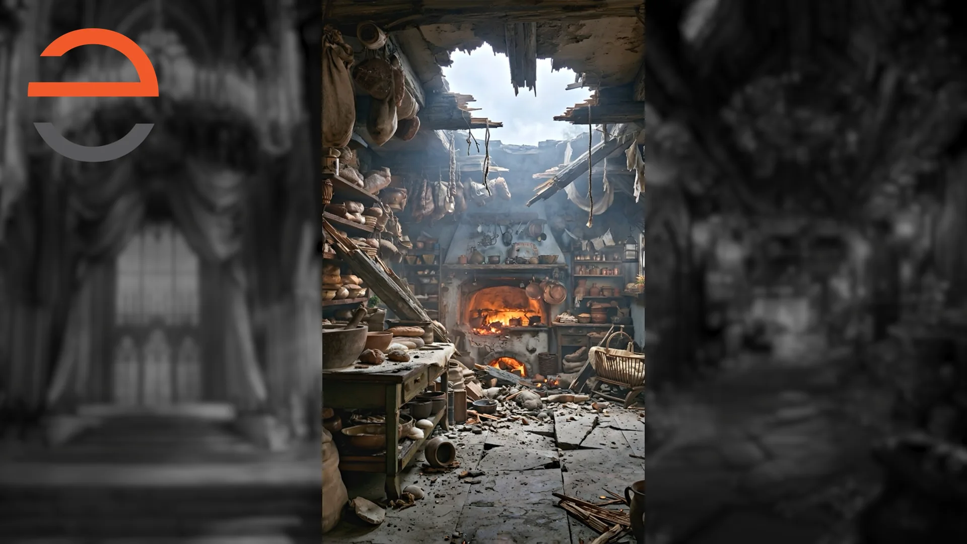 Into the Woods Act 2 Opening animated panel scene with the Bakers' house destroyed in the center