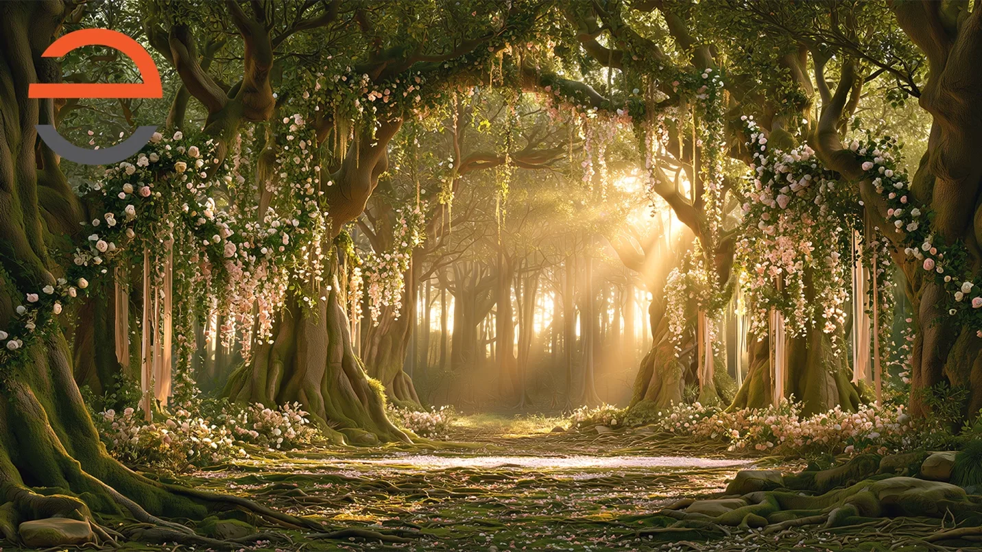 Flowering archway with golden light for the forest wedding