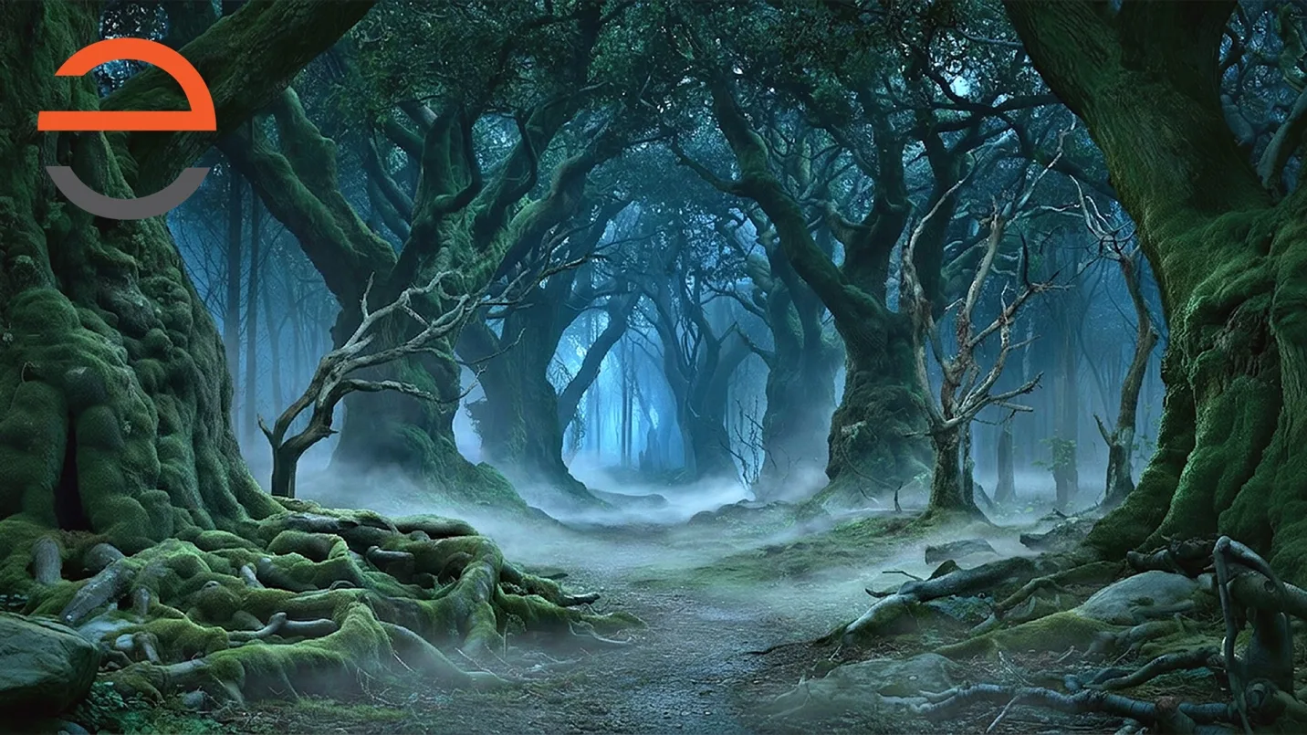 Cool blue foggy clearing with dead branches for Jack's scene