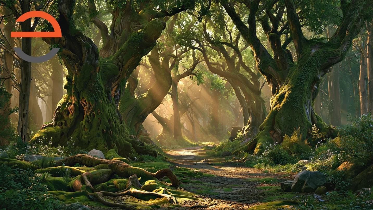 Bright dappled forest path for Red Riding Hood